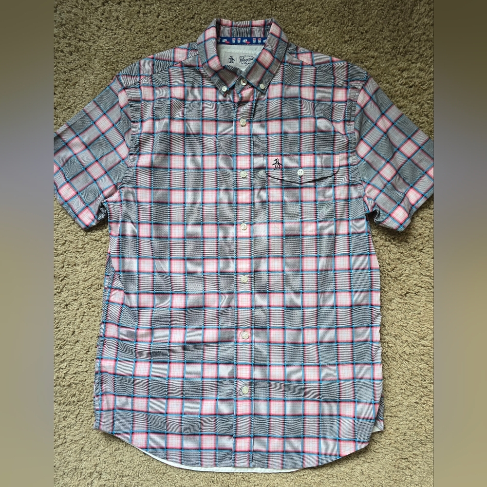 Penguin Men's Plaid Short Sleeve Shirt - Gray and Pink Sz. Small - Picture 1 of 10